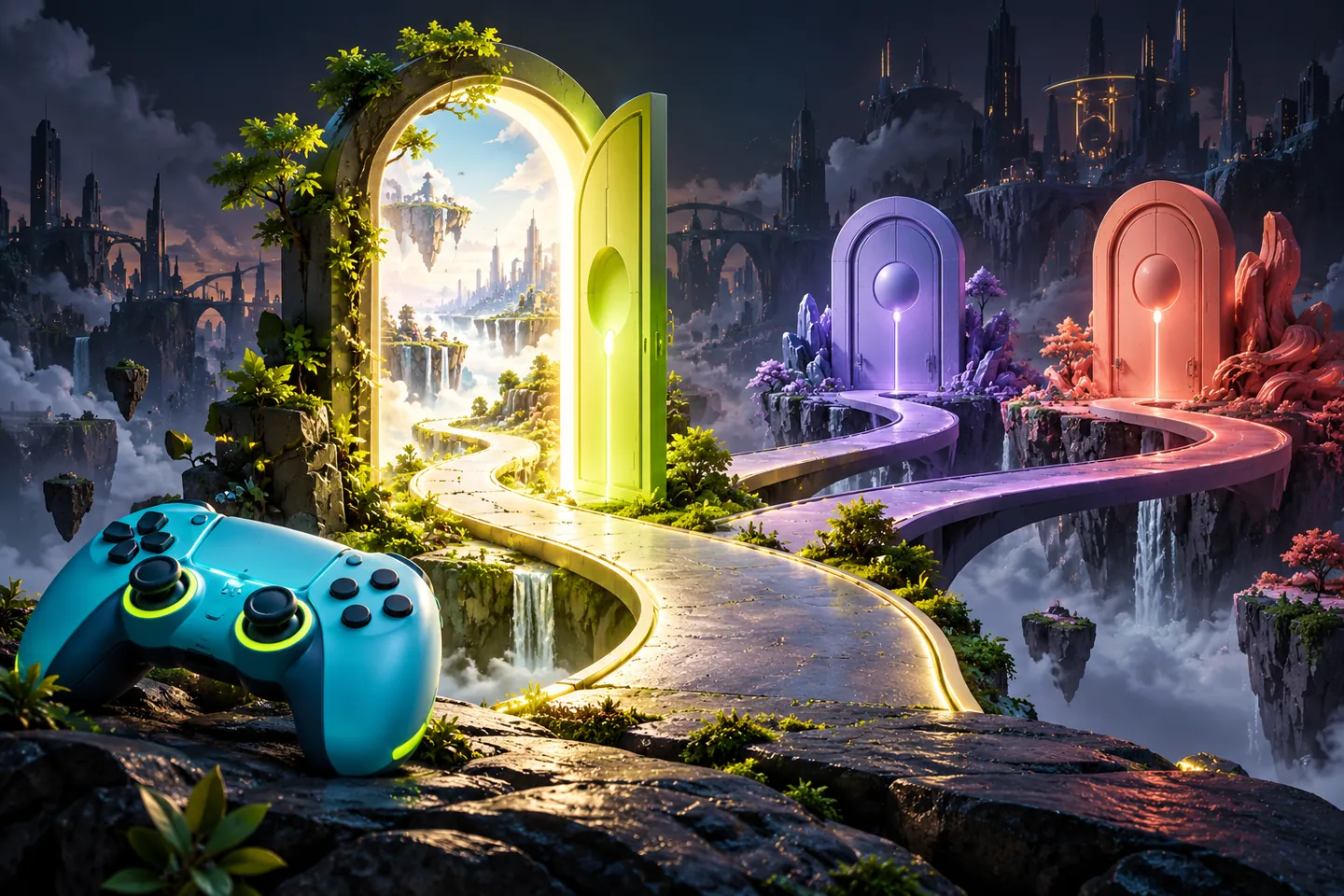 Original illustration: a cyan controller beside an open gate with two later gates along a branching path.