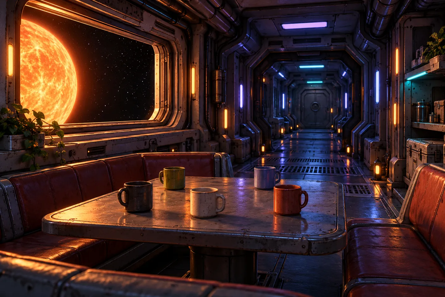 Original illustration: five crew mugs rest on a table in an empty retro space-freighter corridor.