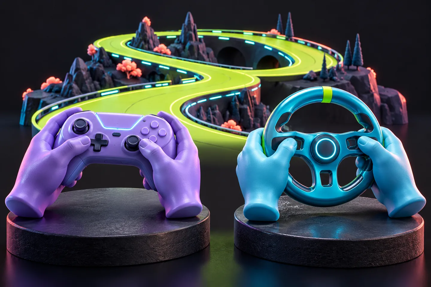 Original conceptual illustration: hands hold a generic controller and a wheel ring beside the same abstract racetrack.