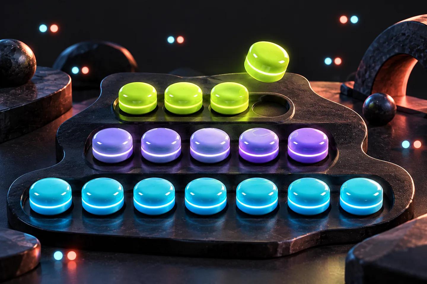 Original illustration: three rows of colourful counters with one token lifted away for a Nim move.
