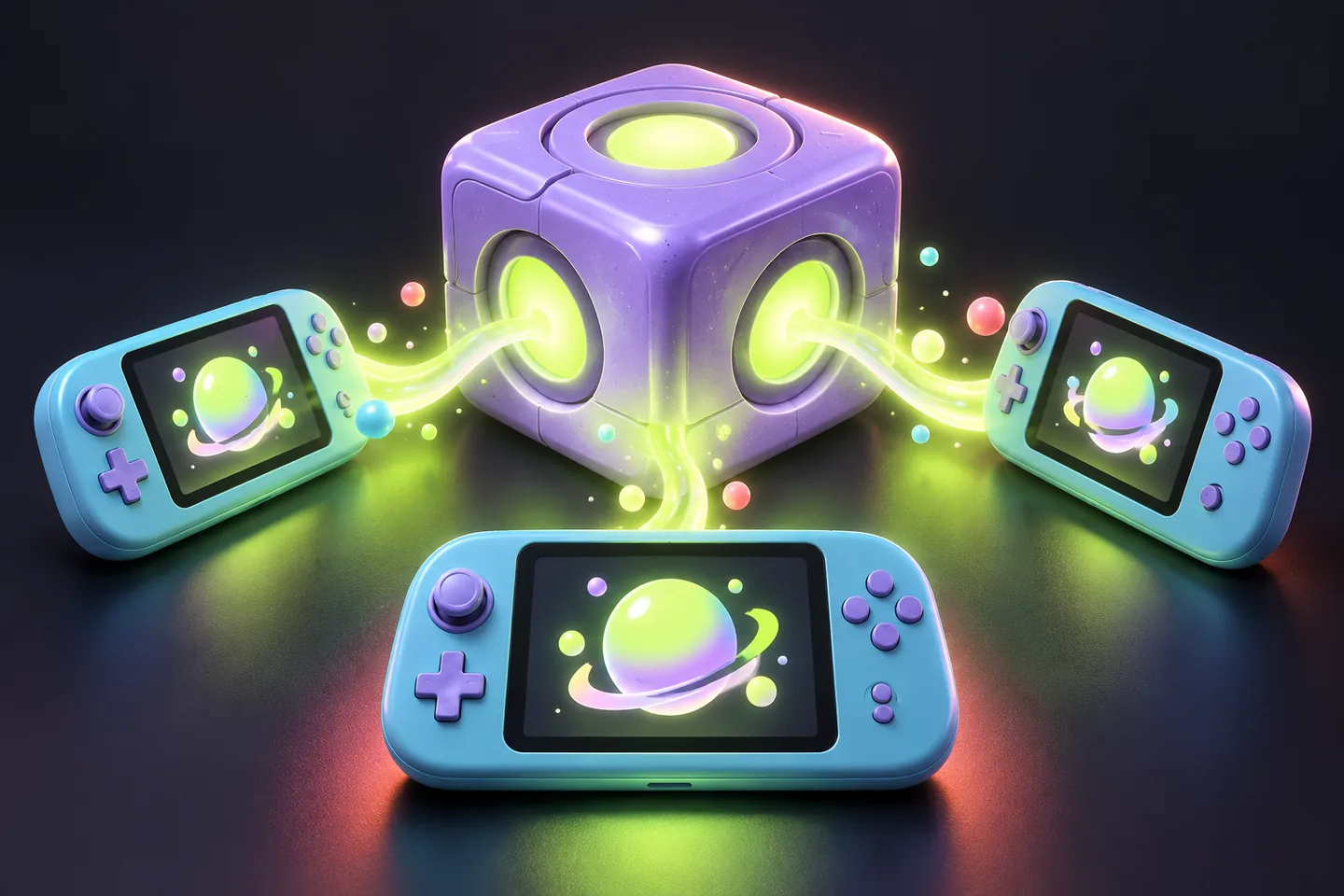 Original illustration: one luminous game cube sharing an abstract shape with three handheld screens.
