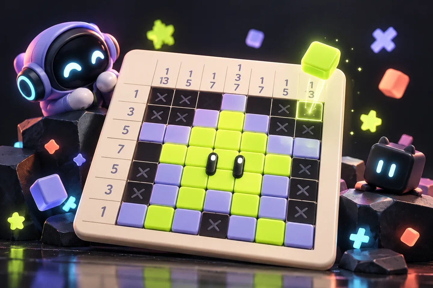 Original illustration: a partly solved ivory nonogram grid revealing a luminous lime pixel star.