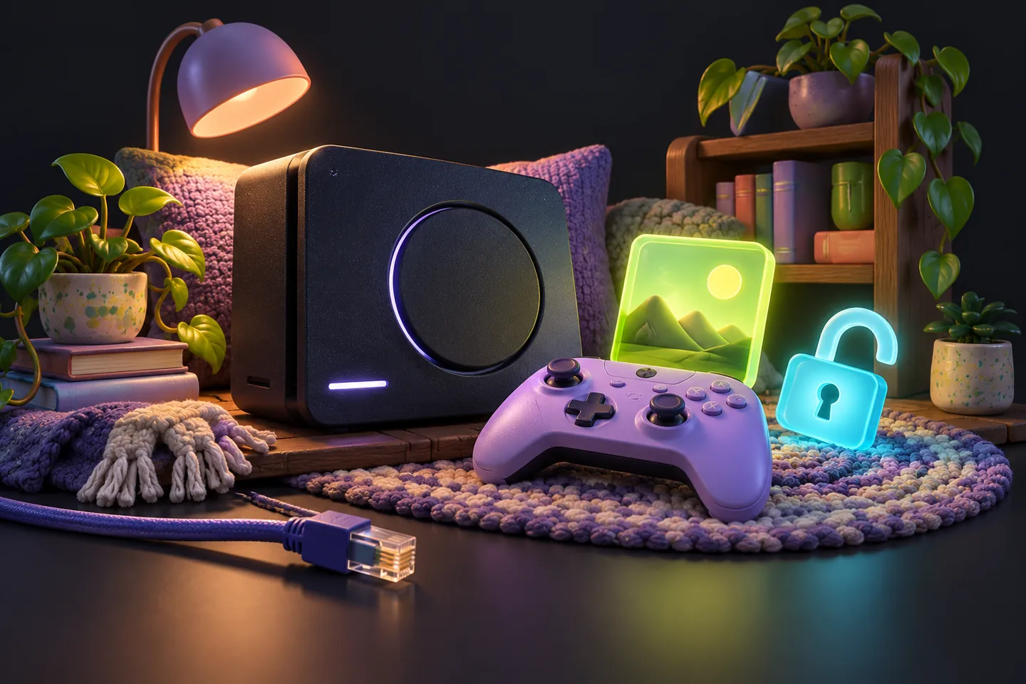 Original illustration: a console and controller in a cozy nook with an open lock and disconnected cable.