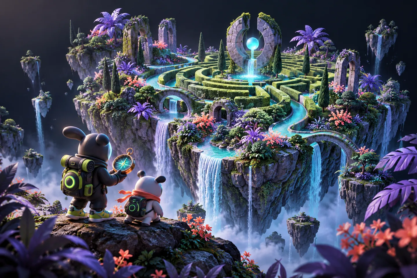 Original illustration: A beautiful floating island with a sculptural green garden labyrinth, a cyan winding path, lavender tropical foliage and two friendly abstract explorer figures with a compass.