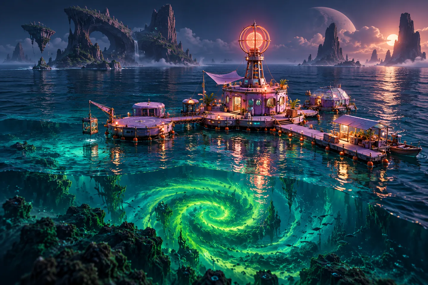 Original illustration: a floating survival outpost among strange ocean islands and luminous sea anomalies.