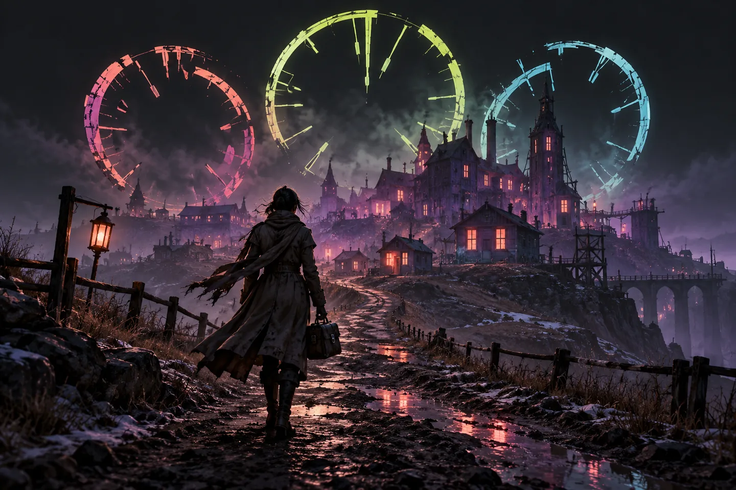 Original illustration: an unbranded physician figure approaches a theatrical steppe town through fractured clock-like rings.