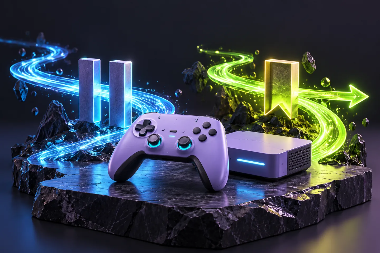 Original conceptual illustration: a controller sits beside a paused path and a bookmarked continuation path.