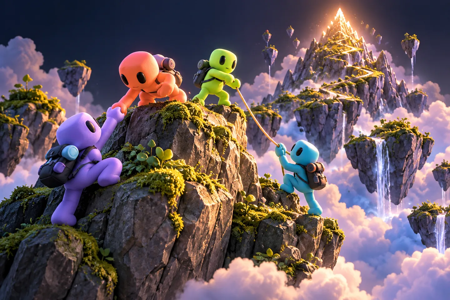 Original illustration: four colourful abstract climbers helping one another ascend a floating mountain.