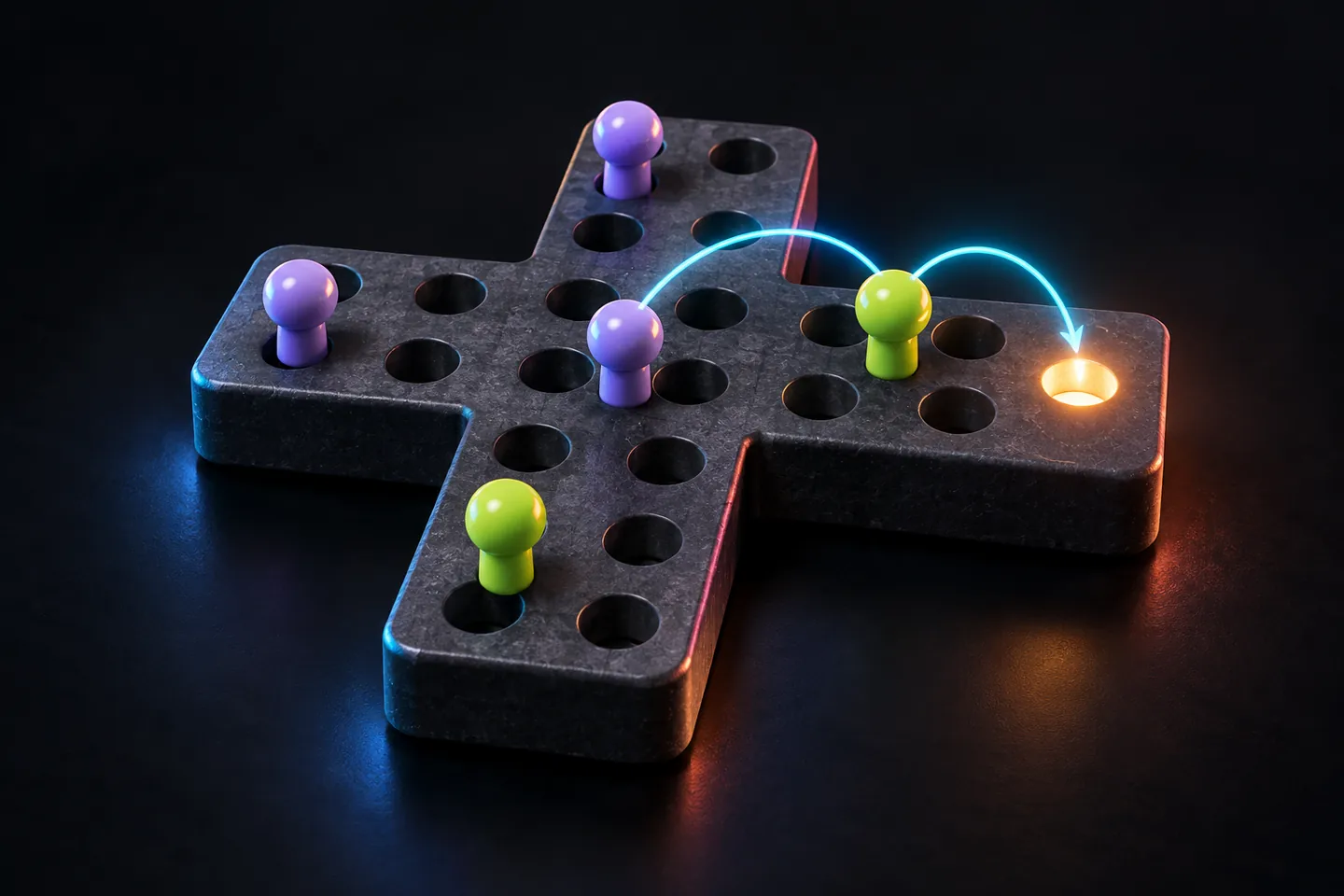 Original illustration: a sculptural peg board with colored pegs and two luminous jump paths.