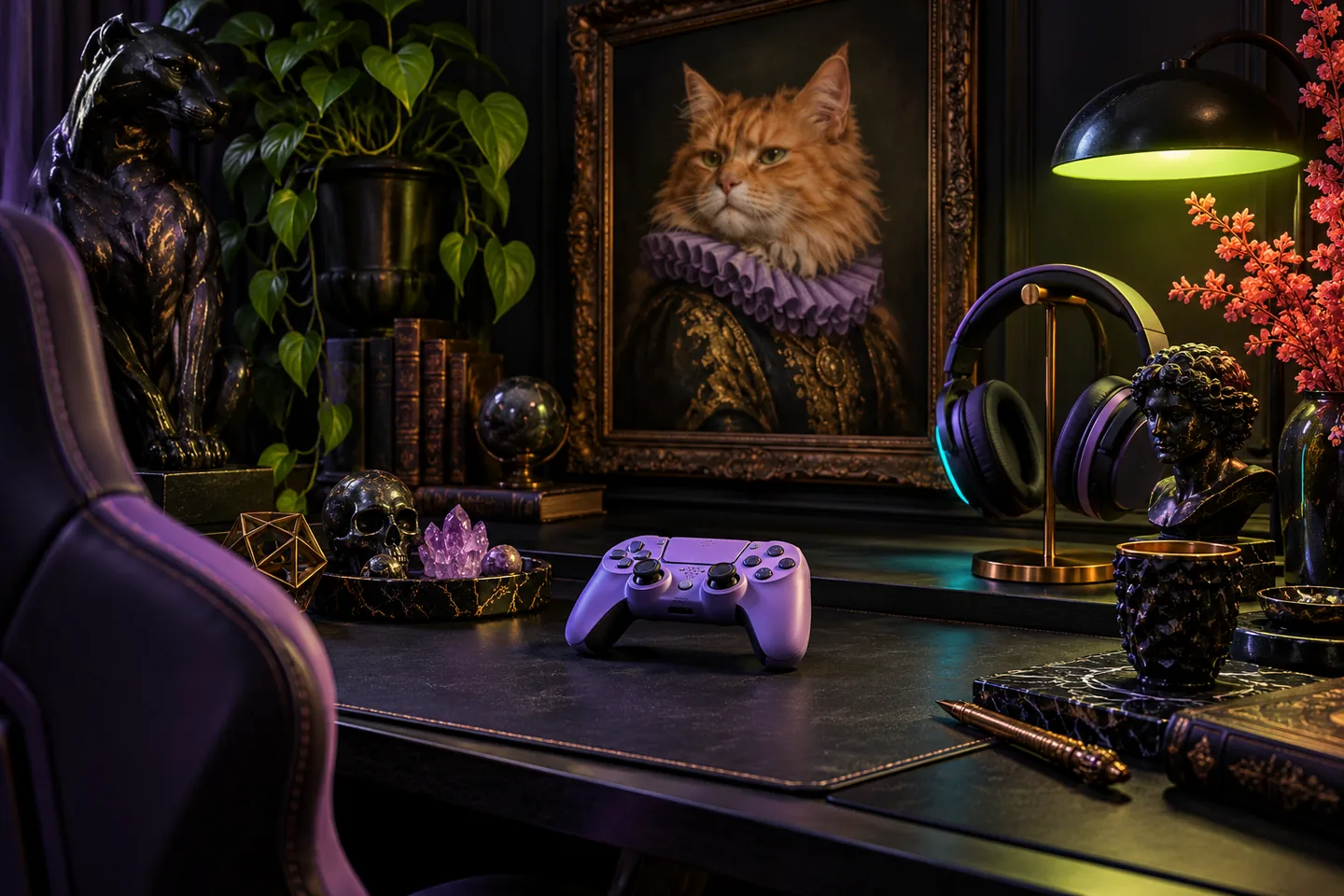Original illustration: An elegant dark gaming desk with an unbranded lavender controller, a framed classical-style portrait of a dignified orange cat in a small purple ruff and subtle lime desk lighting.
