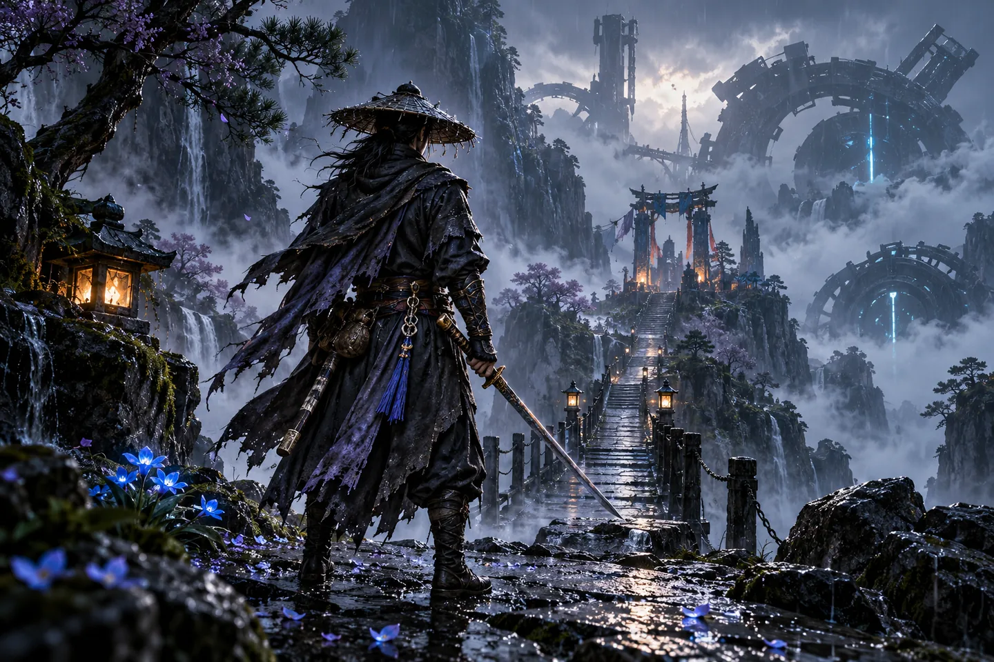 Original illustration: an anonymous swordsman faces a rainy mountain bridge and distant mechanical ruins.