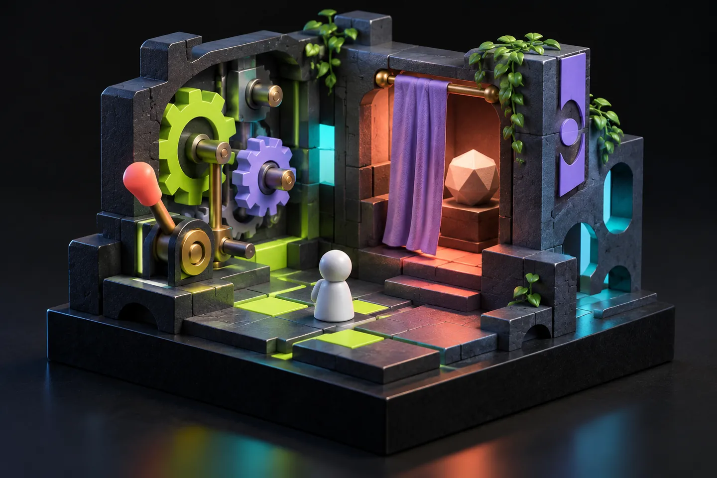 Original illustration: a small puzzle room contrasts visible mechanisms with a partly concealed alcove.