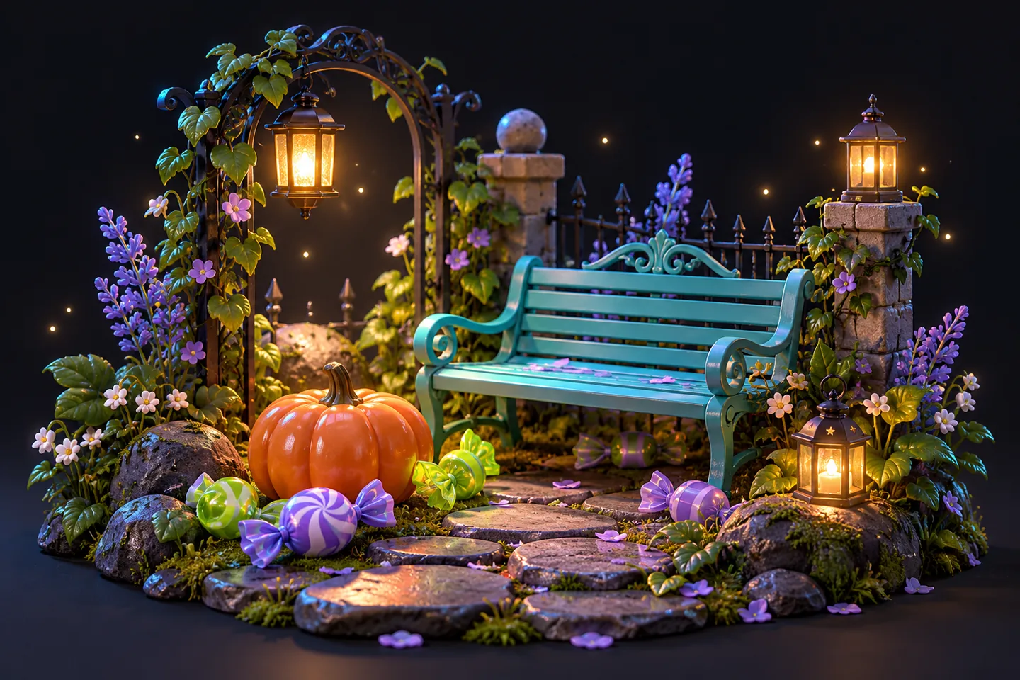 Original illustration: pumpkin candy, glowing lanterns and a garden bench in a miniature midnight-festival scene.