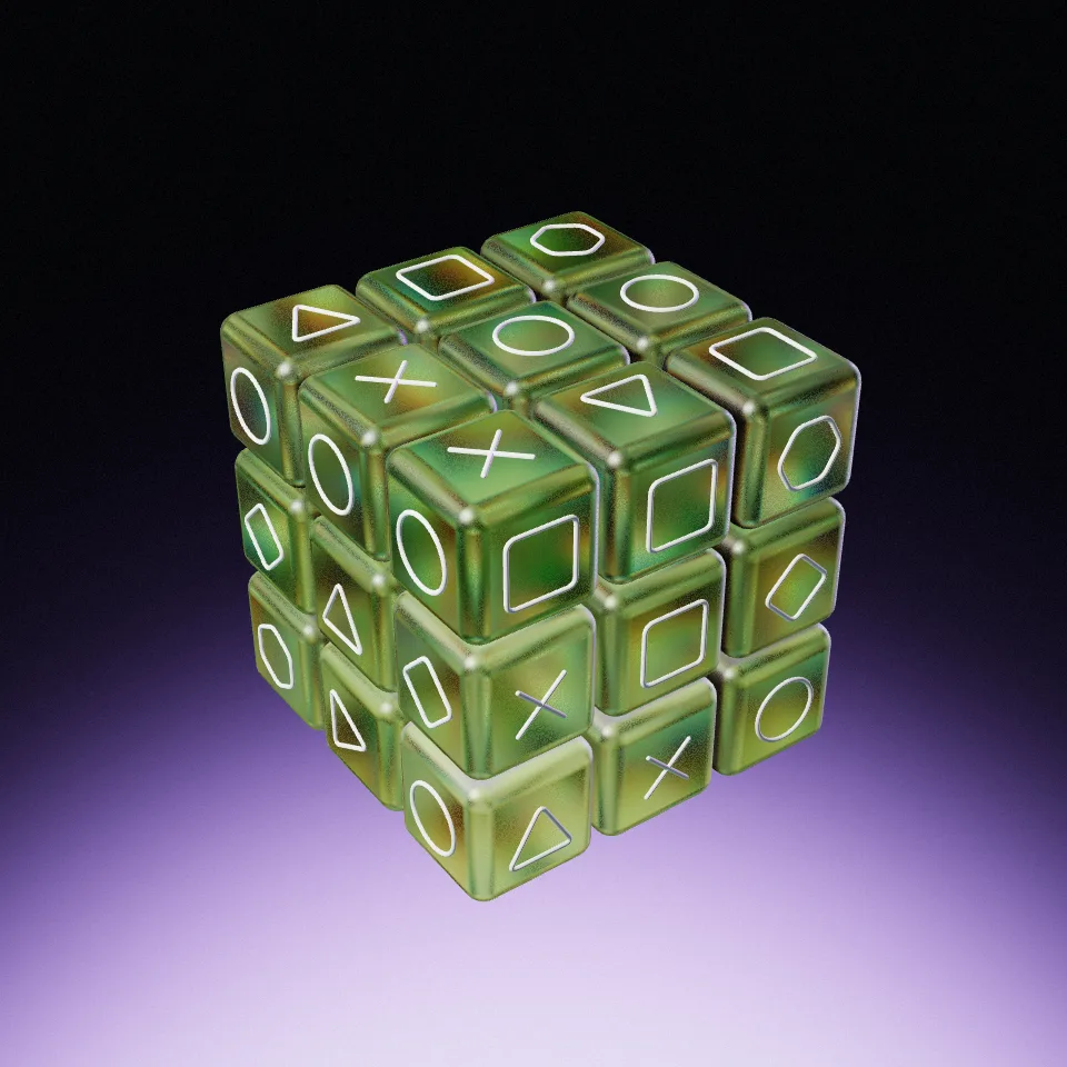 A floating green glass puzzle cube with white geometric symbols, lit by a violet and cyan glow