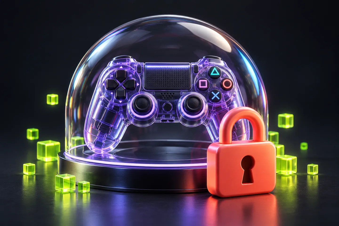 Original illustration: a clear violet game controller inside a transparent protective dome.