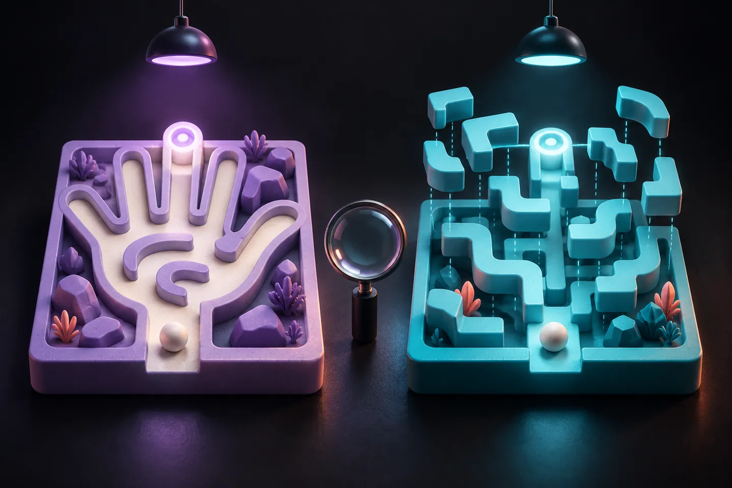 Original illustration: two different miniature maze layouts with the same neutral player token and lighting.