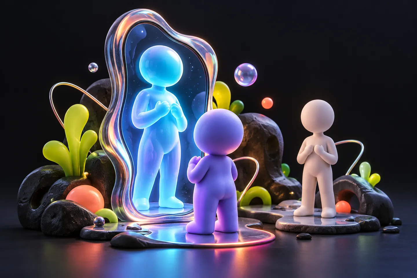 Original illustration: a lavender figure facing a taller cyan avatar reflected in a sculptural mirror.