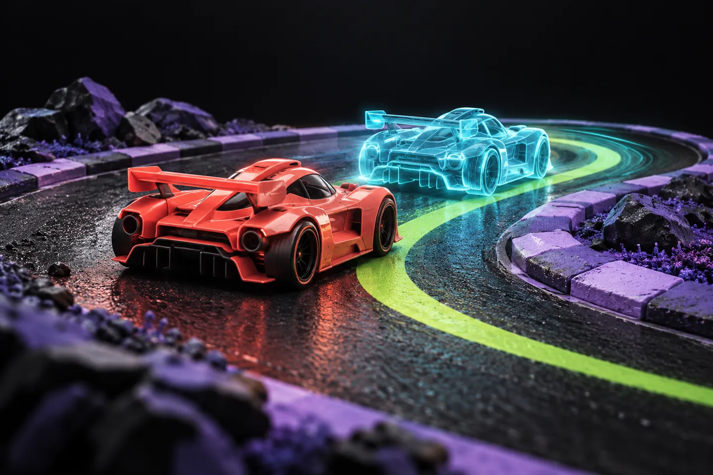 Original illustration: an unbranded solid racing car follows a translucent ghost car through a miniature circuit.
