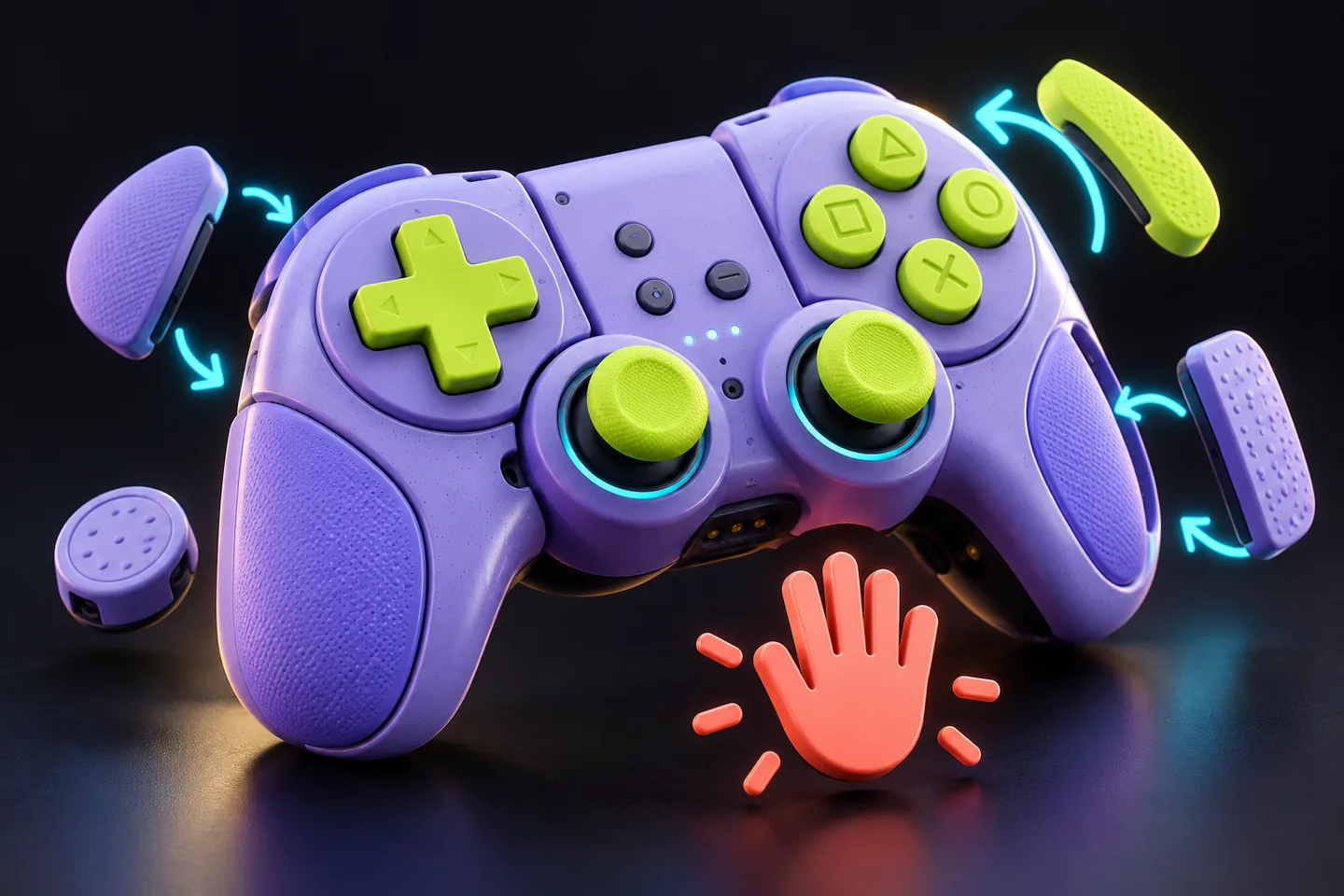 Original illustration: an unbranded modular lavender game controller with large tactile lime buttons and curved cyan remapping arrows.