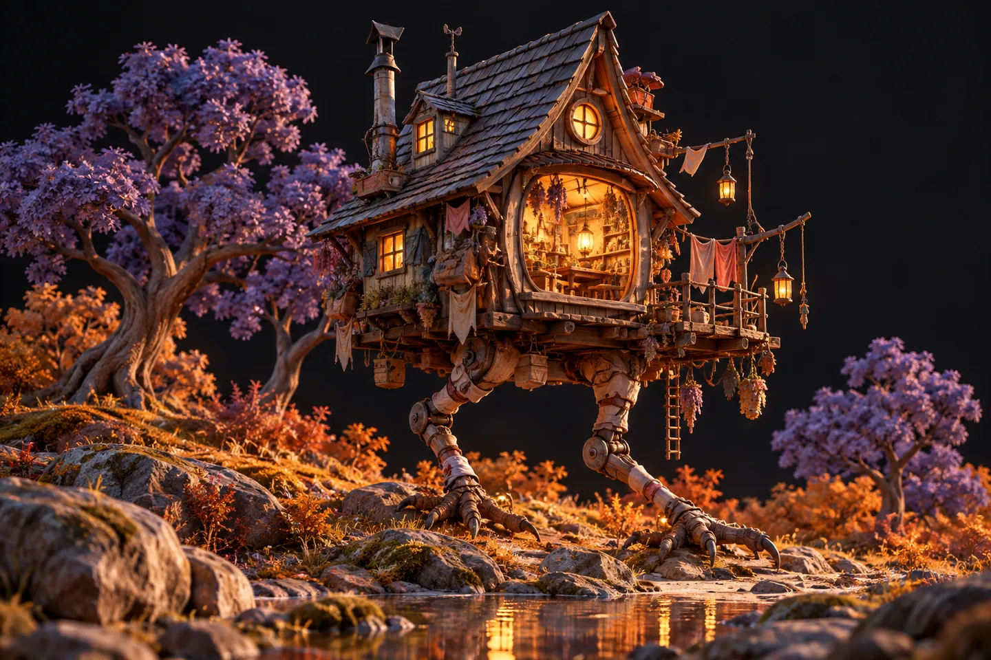 Original illustration: a handmade bird-legged woodland cottage with a warmly lit workshop.