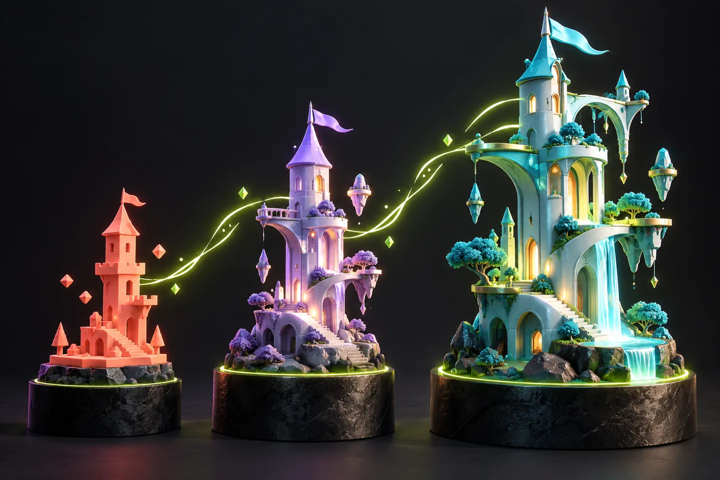 Original illustration: three versions of a miniature tower from simple blocks to a redesigned sculpture.