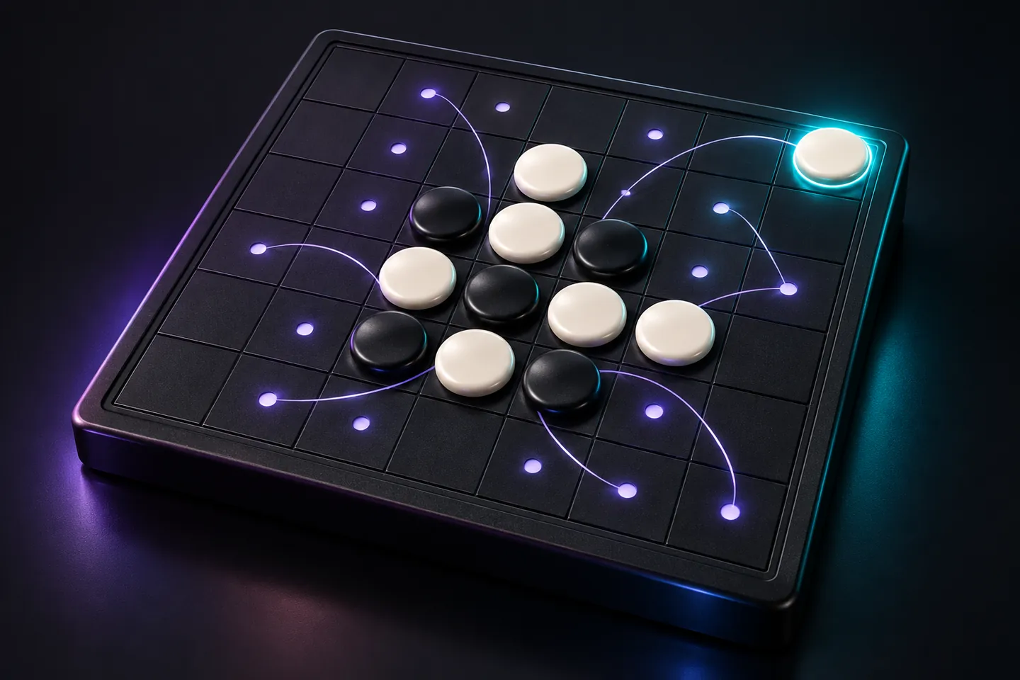 Original illustration: an angled black Reversi board with one ivory corner disc shining cyan.