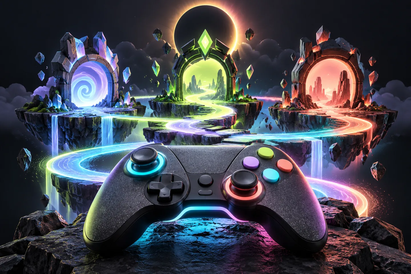 Original illustration: an unbranded controller beside glowing challenge gates and a looping sunlit path.