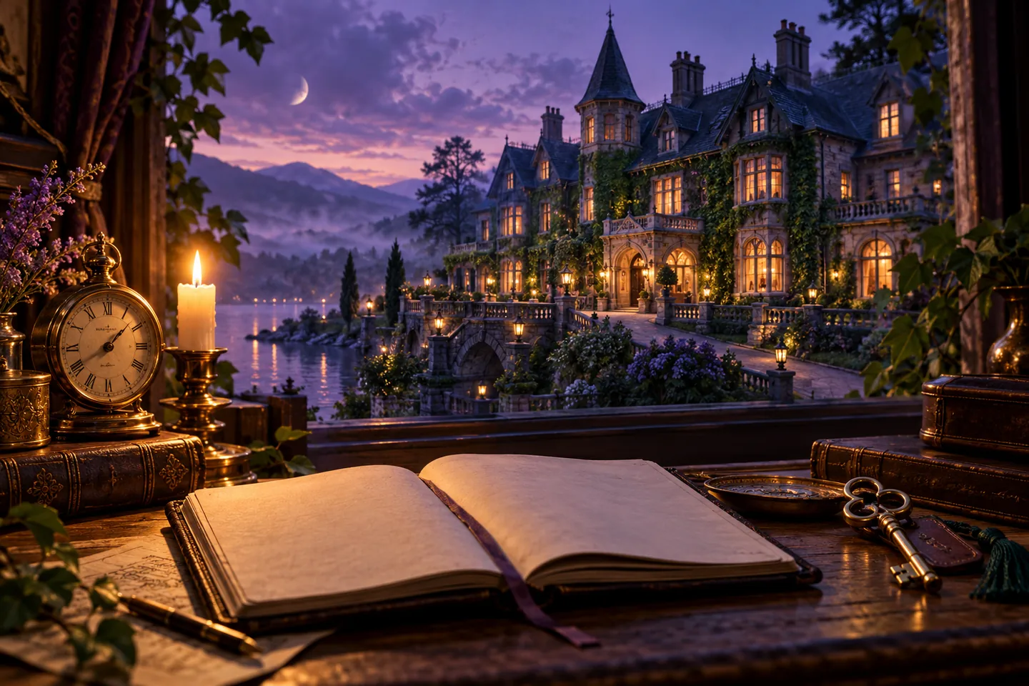 Original illustration: a candlelit clue notebook and clock overlook a mysterious Victorian country hotel.