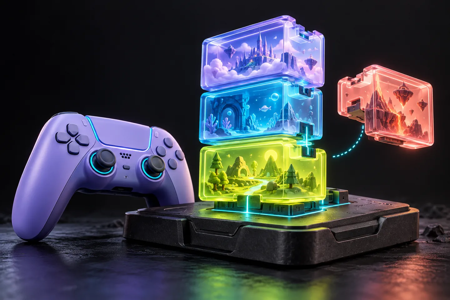 Original illustration: translucent game-content modules can be separated beside an unbranded controller.