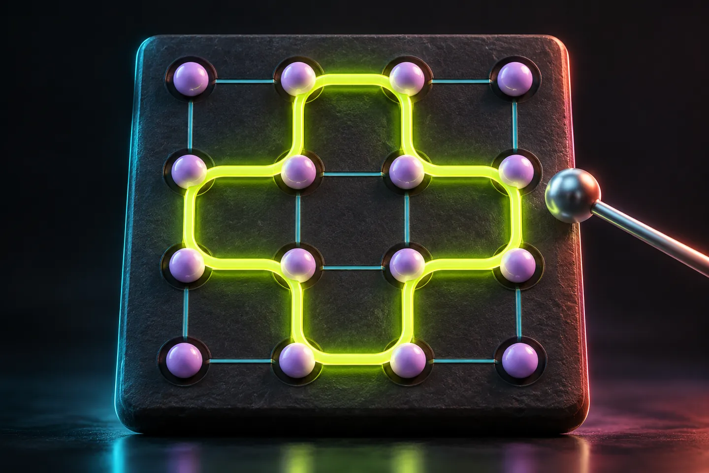 Original illustration: a glowing continuous loop winds around a miniature lattice of dots.