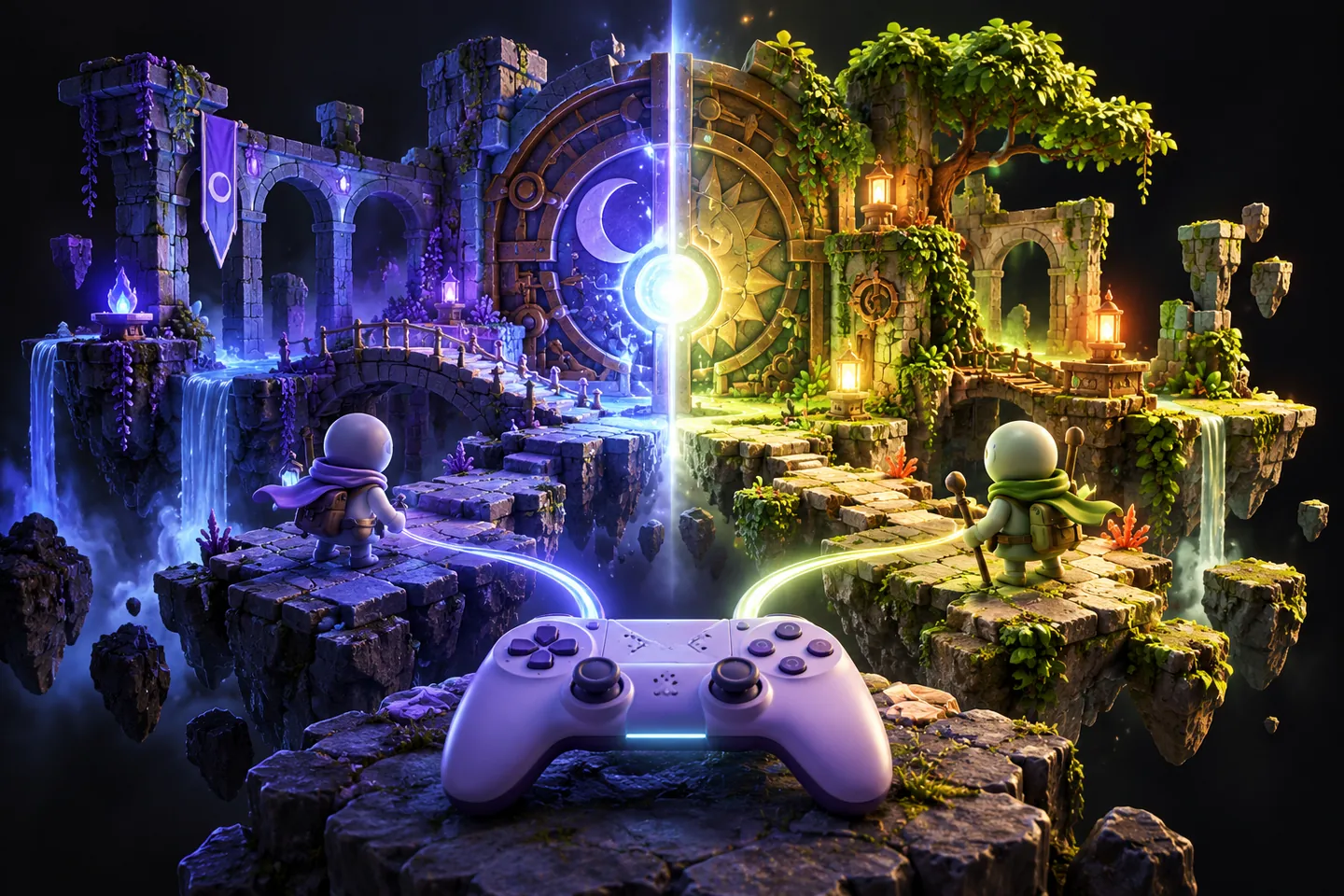 Original illustration: two cooperative adventure viewpoints meet at a shared doorway beside a controller.