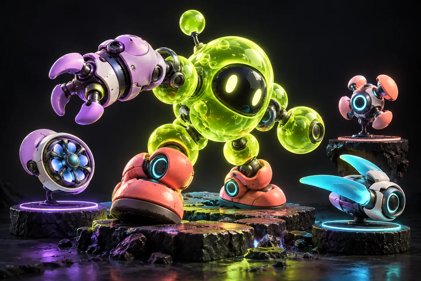 Original illustration: a playful mechanical creature with interchangeable limbs and floating modular parts.