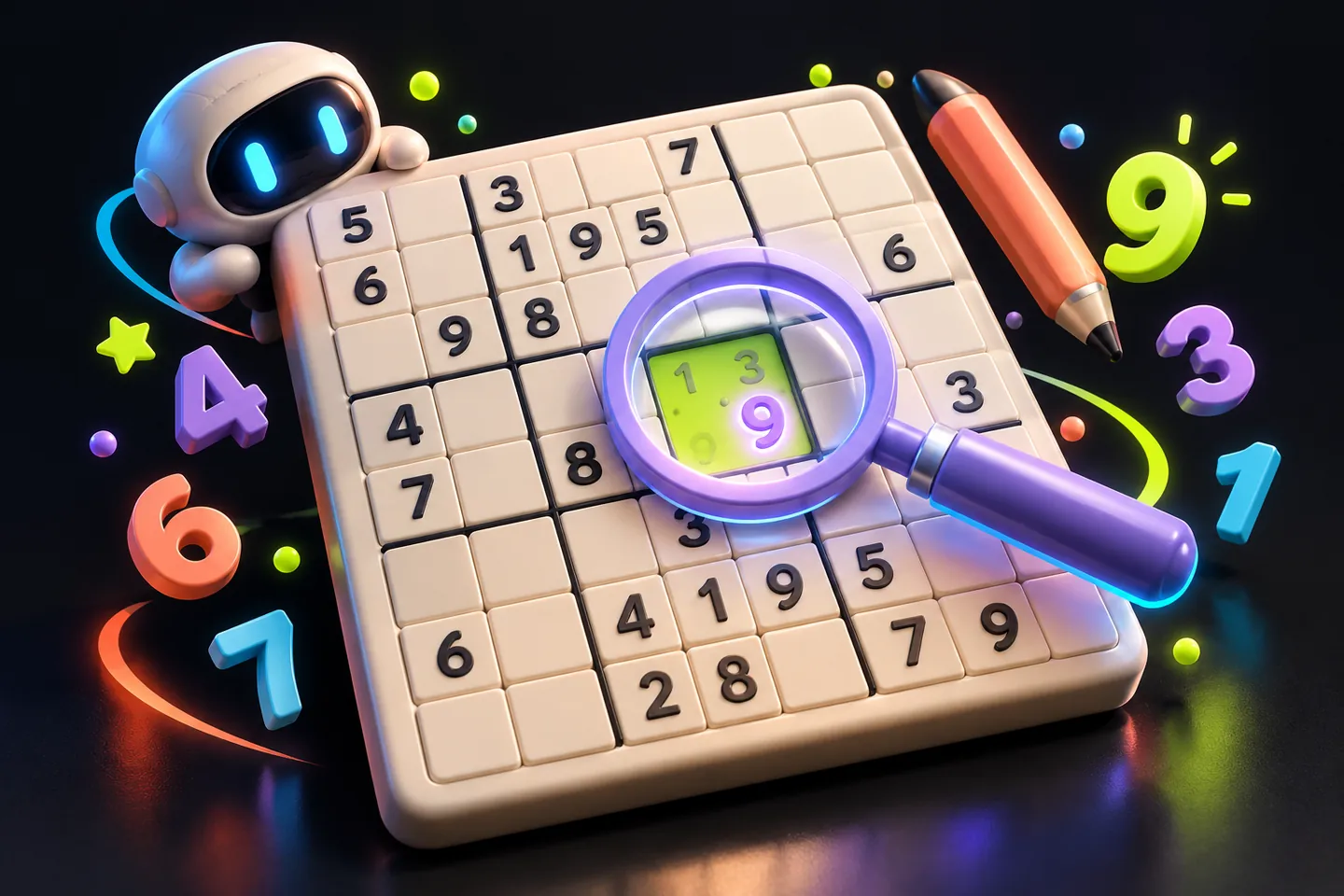 Original illustration: an ivory nine-by-nine Sudoku board with one focused lime empty square.