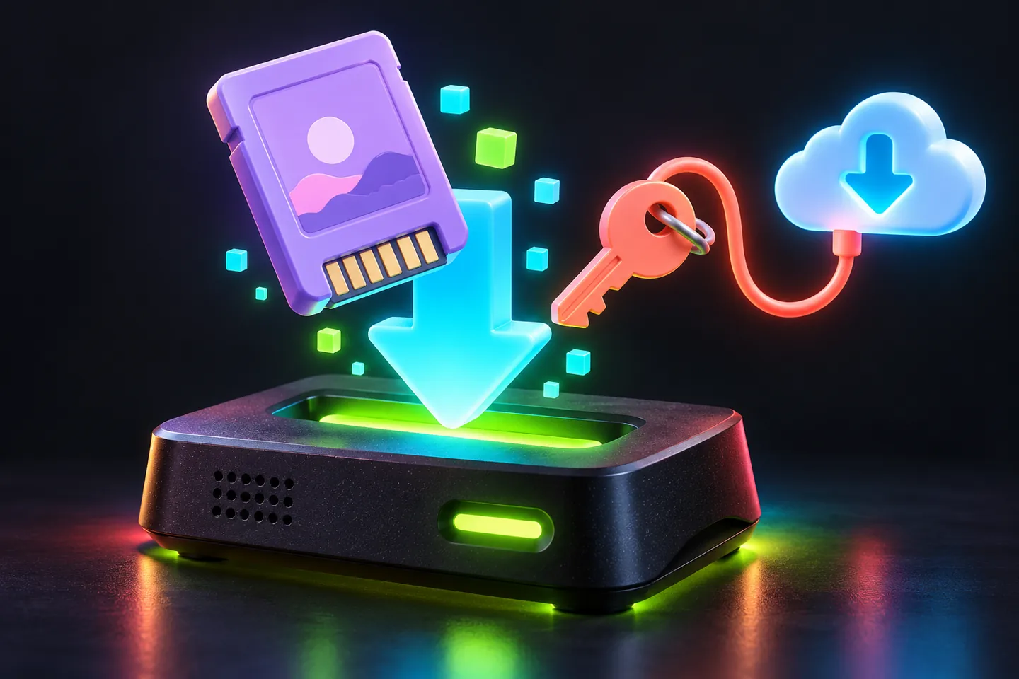 Original illustration: a physical game card beside a glowing download arrow and storage plinth.