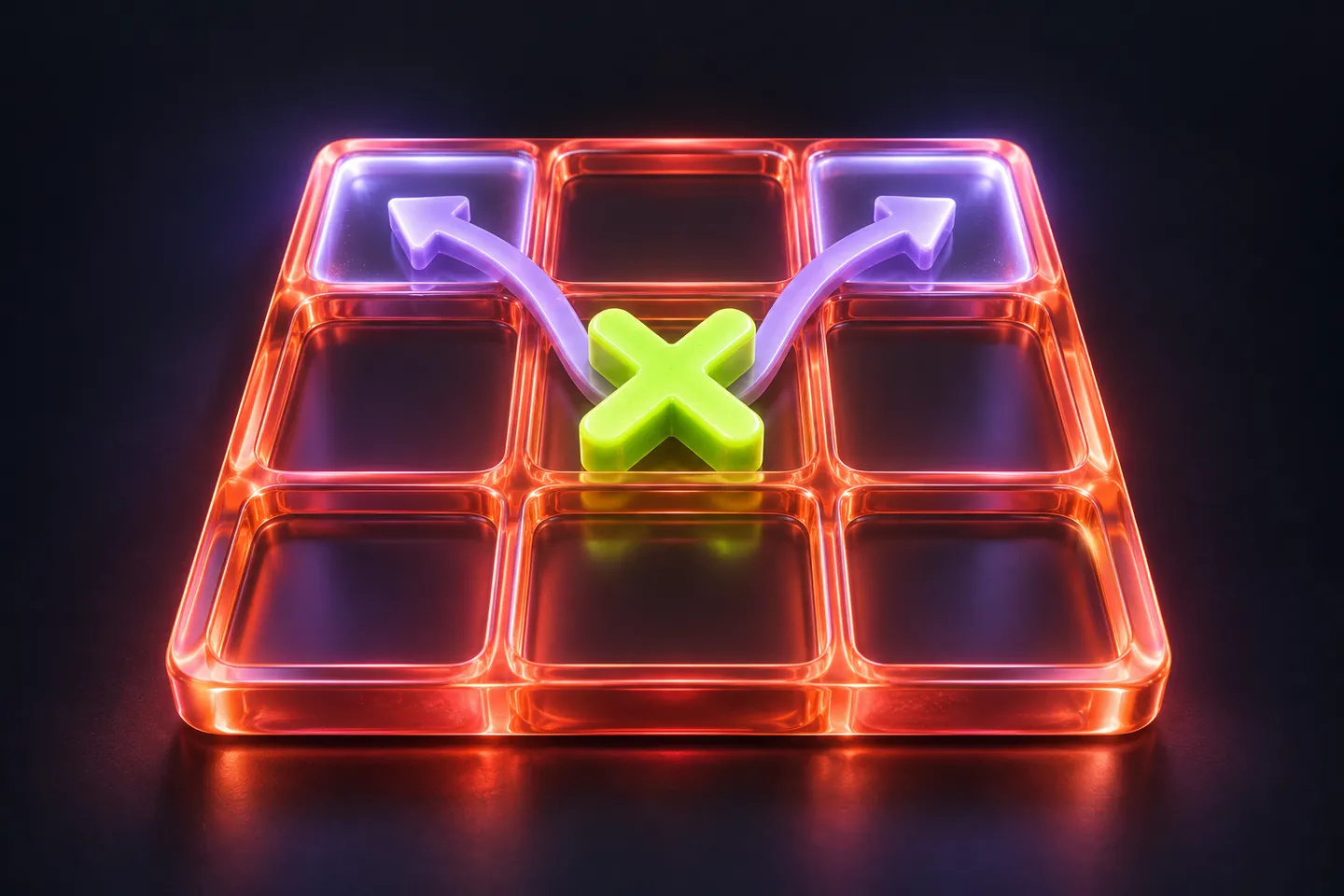 Original illustration: a translucent coral three-by-three tic-tac-toe board with a single central lime X and branching lavender arrows toward two winning threats.