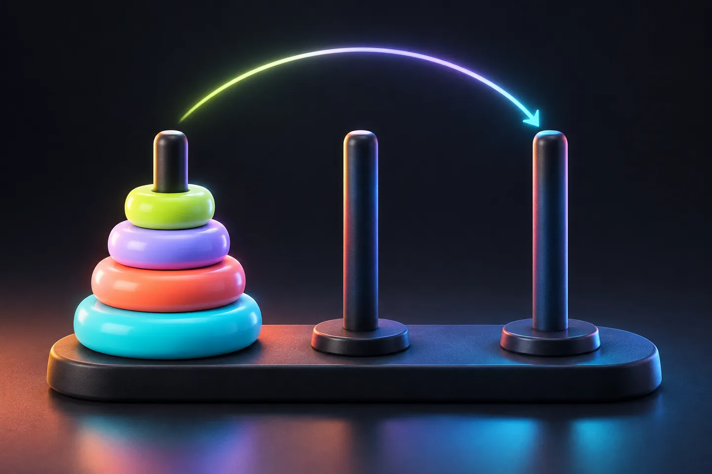 Original illustration: four colored rings stacked on the left of three pegs, with a path toward the empty right peg.
