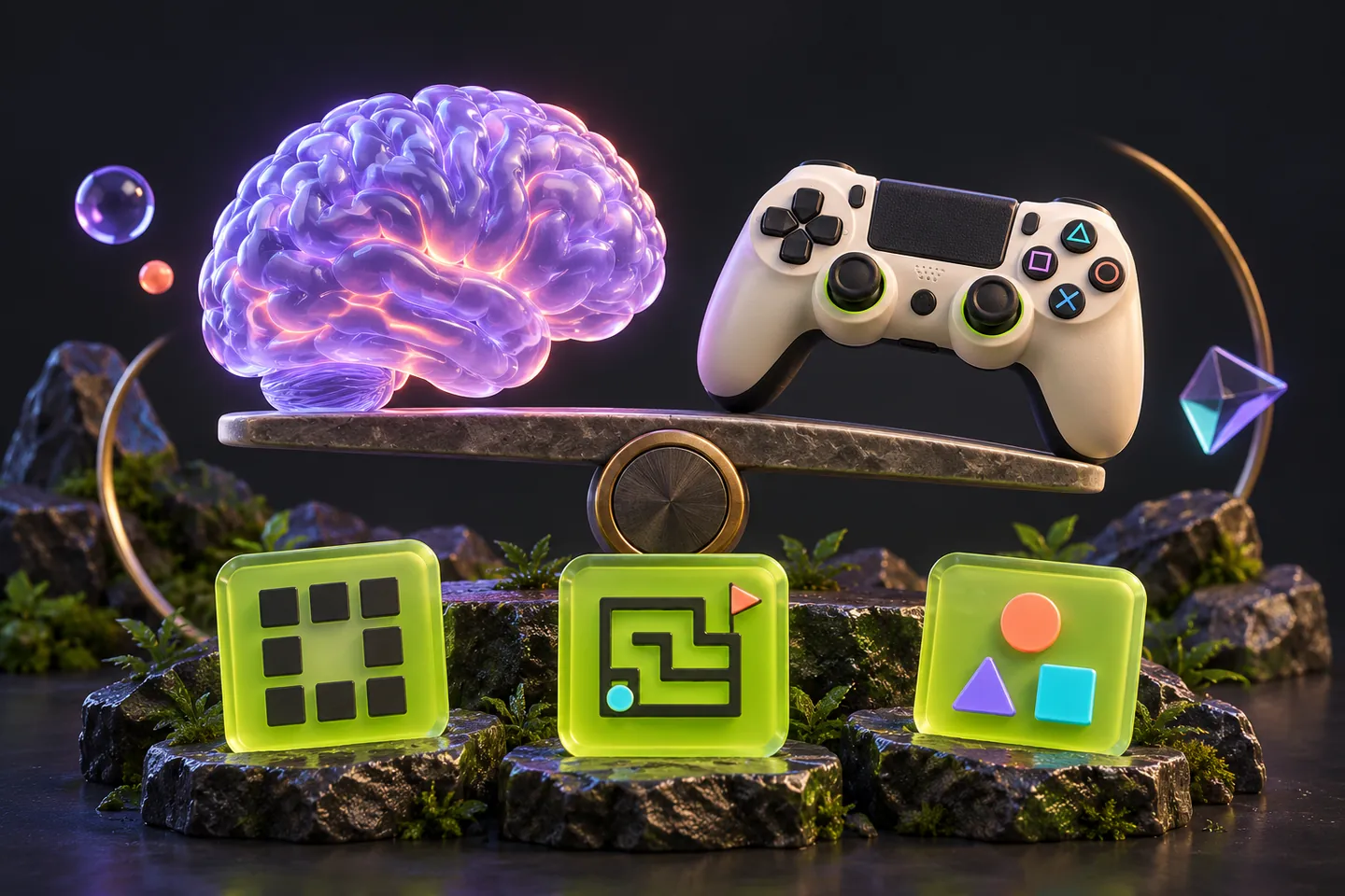 Original illustration: a sculptural translucent lavender brain beside an ivory controller and three separate lime test-task tiles.