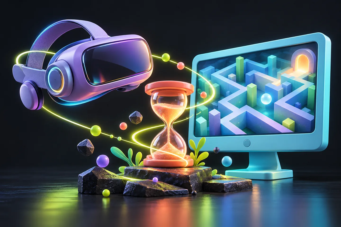 Original illustration: a VR headset and maze screen beside an hourglass with a curved light trail.