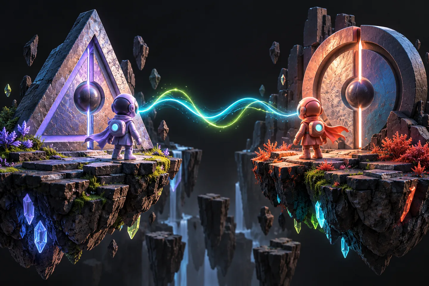 Original illustration: two small explorer figures facing separate futuristic doors linked by a glowing signal.