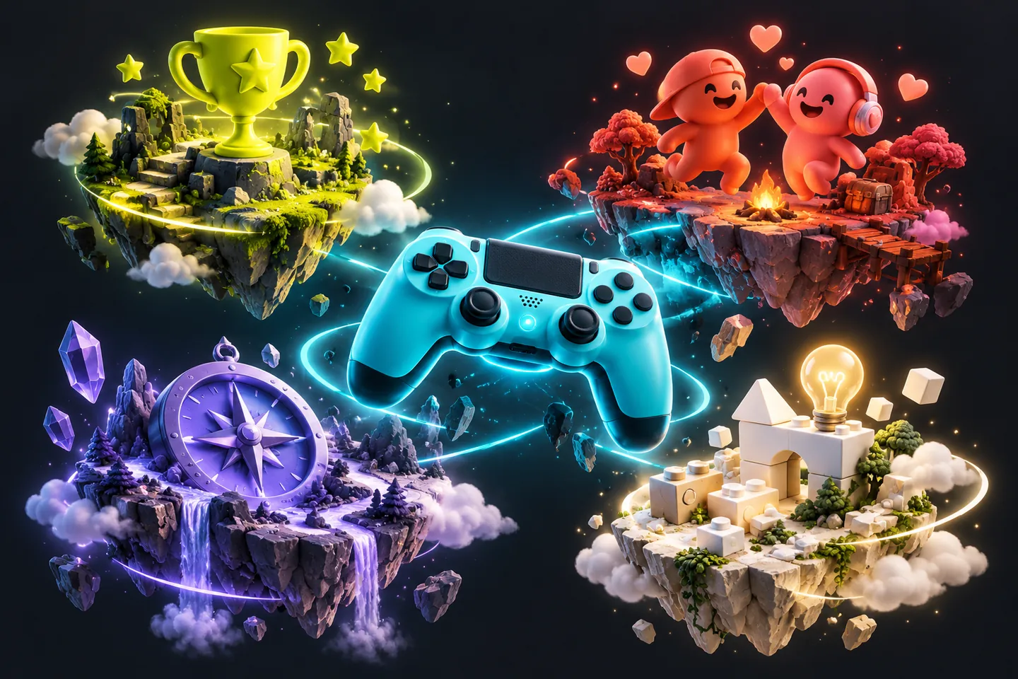 Original illustration: four distinct floating miniature worlds around a cyan game controller: a lime trophy.